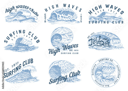 Wave labels, logos. Set of Atlantic tide Templates. Vintage old engraved hand drawn. Marine and nautical or sea, ocean background for banner or poster. set of Isolated vector illustration.