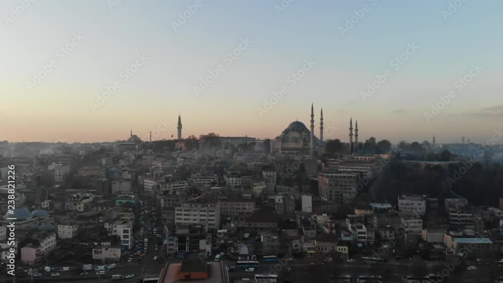 Suleymaniye Mosque Drone camera is moving backwards, a bird's eye view of the sky of istanbul Turkey, city Suleymaniye Mosque Drone camera is moving backwards, a bird's eye view of the sky of istanbul Turkey, city