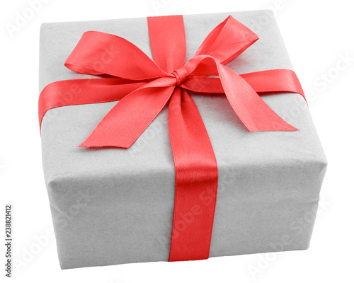 grey gift box with red ribbon bow isolated on white background