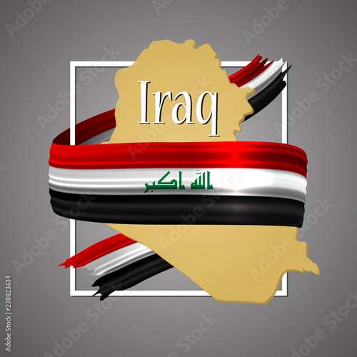 Iraq flag and map.Official election national colors.Iraqi 3d realistic icon with ribbon,map border. Emblem glory sign.Vector illustration background. Realistic icon with flag and land map stroke.