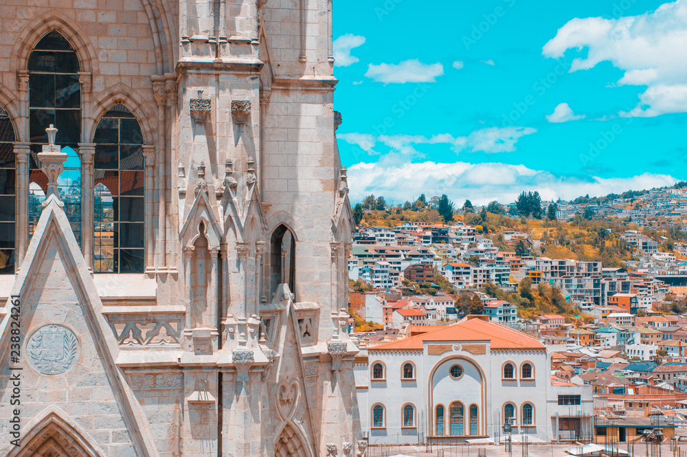 Basilica del Voto Nacional and downtown Quito in Ecuador