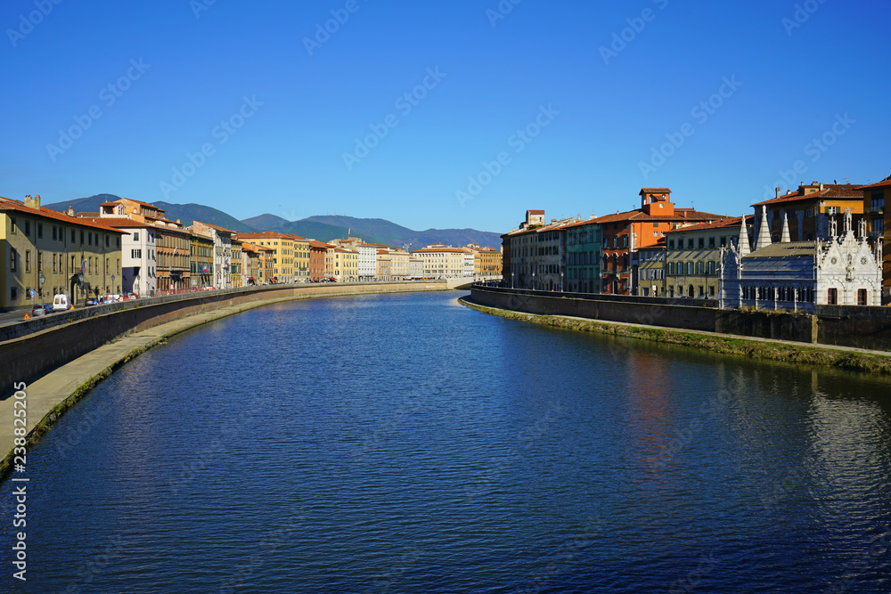 View of the Chiesa Santa Maria della Spina, a Pisan Gothic church located by the Arno River in Pisa, Tuscany, Central Italy