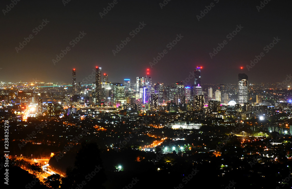 City buildings with lighting at night, Brisbane city.