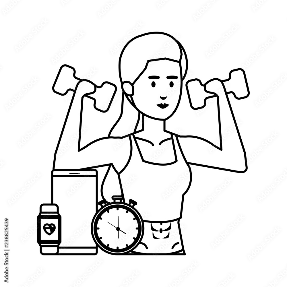 woman lifting weight with gadget and chronometer