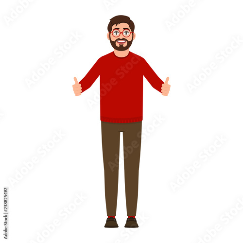 Bearded guy smiles, man shows thumb, good mood, expresses positive emotion, character in a flat style vector illustration © Vladislav