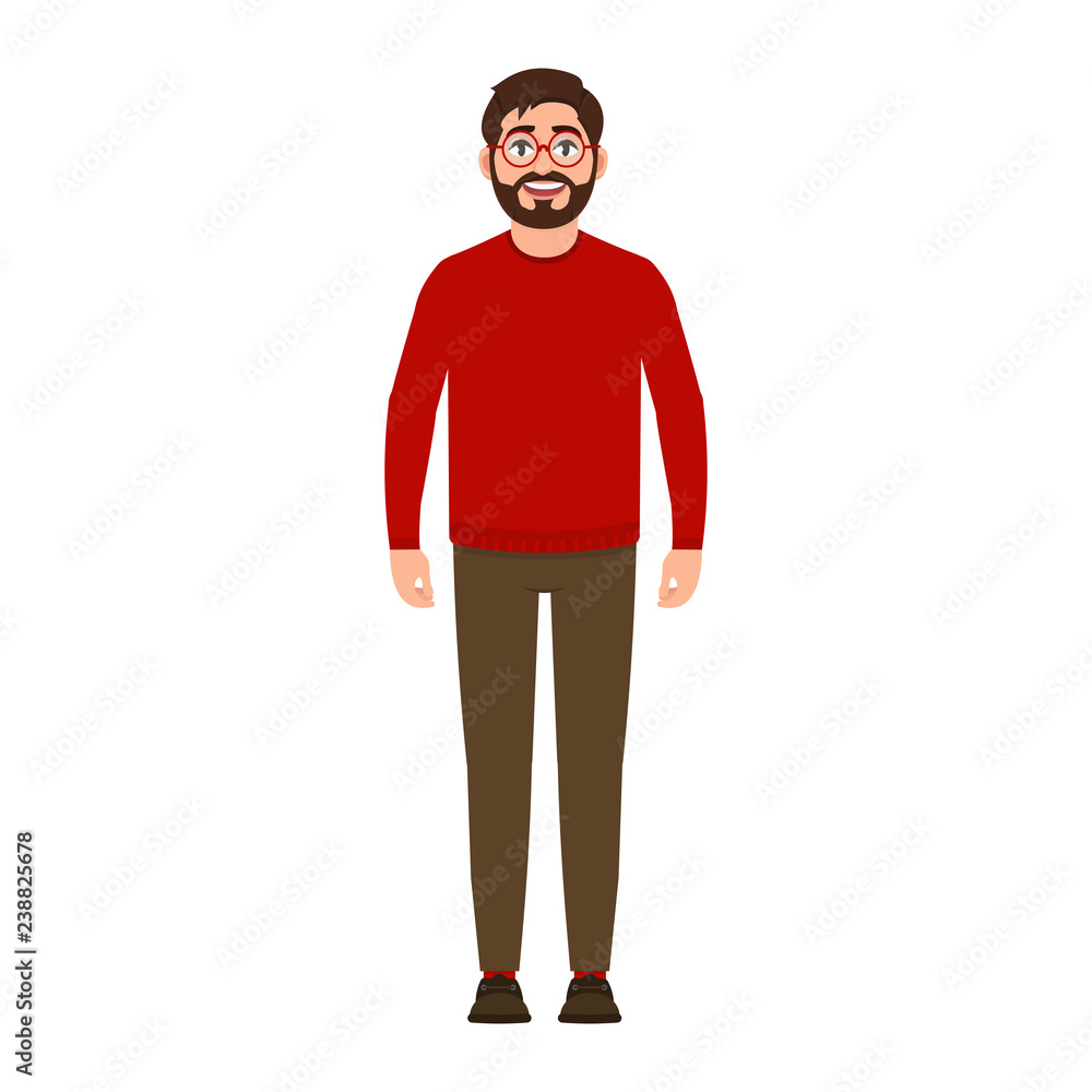 Bearded guy smiles, happy man in red sweater, good mood, character in flat style vector illustration Bearded guy smiles, happy man in red sweater, good mood, character in flat style vector illustration