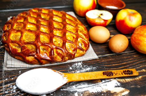 Fresh baked organic classic American apple pie with raisins, on a wooden table. Rustic style.