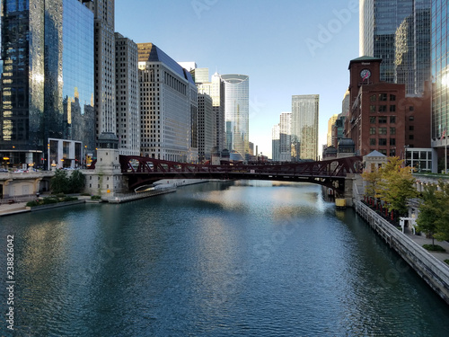 Chicago, Illinois 10-08-2016 View of the Chicago River, its bridges and surrounding buildings on a clear fall morning.
