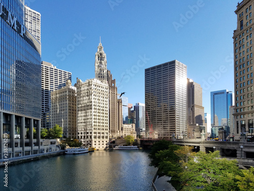 Chicago  Illinois 10-08-2016 View of the Chicago River  its bridges and surrounding buildings on a clear fall morning.