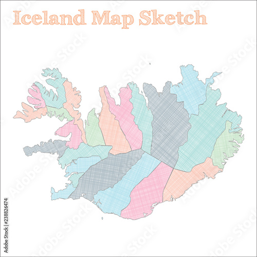 Iceland map. Hand-drawn country. Marvelous sketchy Iceland map with regions. Vector illustration.