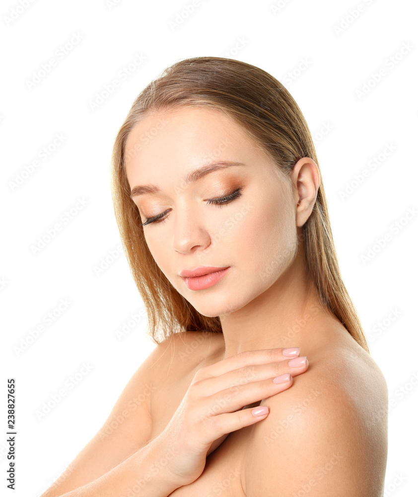 Portrait of beautiful young woman with natural makeup on white background Portrait of beautiful young woman with natural makeup on white background
