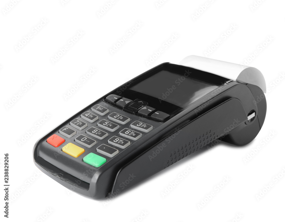 New modern payment terminal on white background New modern payment terminal on white background