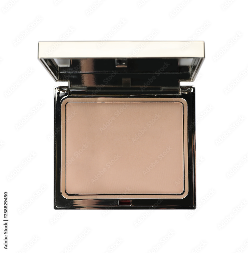Face powder with mirror on white background, top view. Cosmetic product Face powder with mirror on white background, top view. Cosmetic product