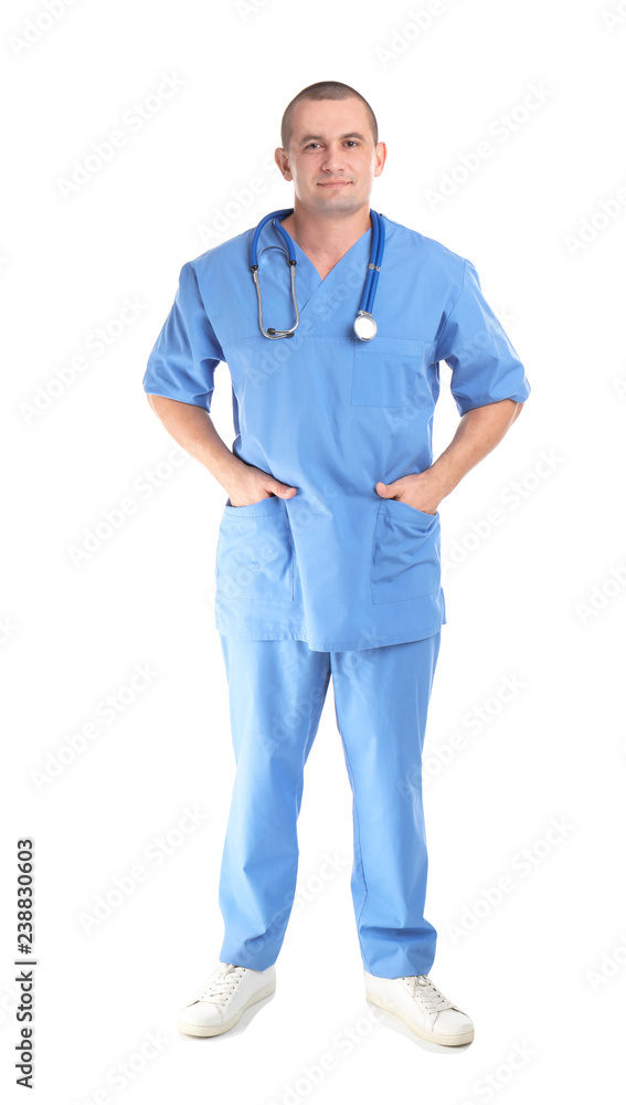 Full length portrait of medical assistant with stethoscope on white background Full length portrait of medical assistant with stethoscope on white background