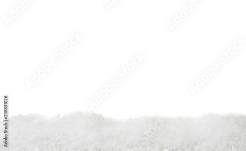 Wooden surface covered with snow against white background