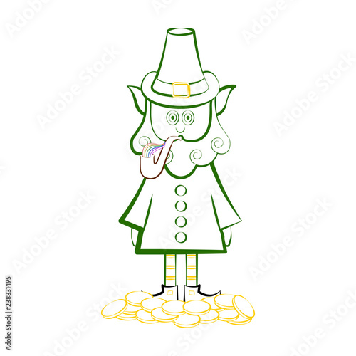 Sketch of a irish elf with gold coins and tobacco pipe. V ector illustration design