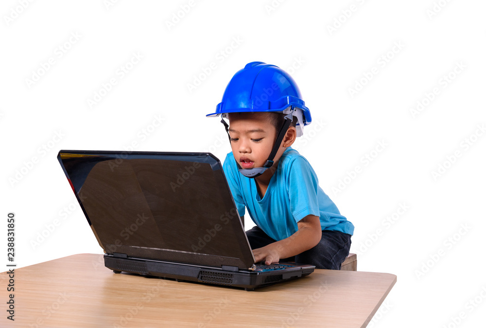 Asian children wearing safety helmet and thinking planer isolated on white background. Kids and education concept Asian children wearing safety helmet and thinking planer isolated on white background. Kids and education concept