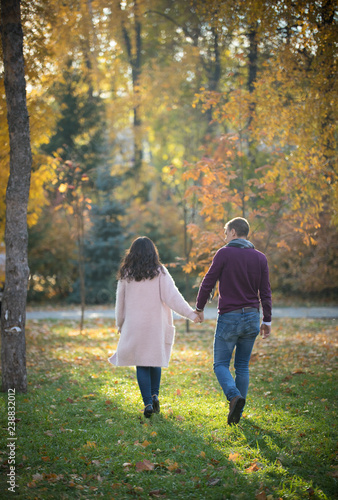 Fototapeta Naklejka Na Ścianę i Meble -  Loving couple are walking in the autumn park