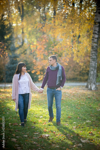 Loving couple walk holding hands in the autumn park