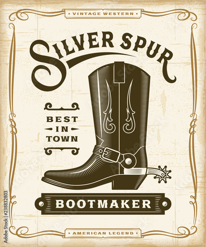 Vintage Western Bootmaker Label Graphics. Editable EPS10 vector illustration in woodcut style. photo