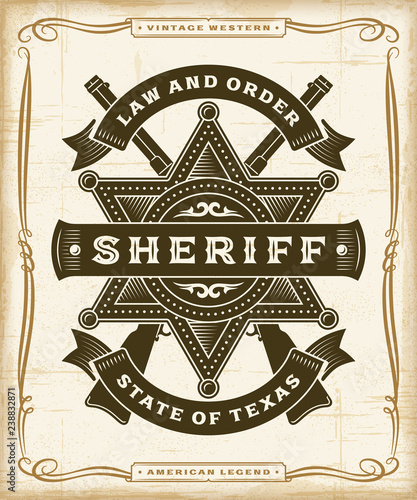 Vintage Western Sheriff Label Graphics. Editable EPS10 vector illustration in woodcut style. photo