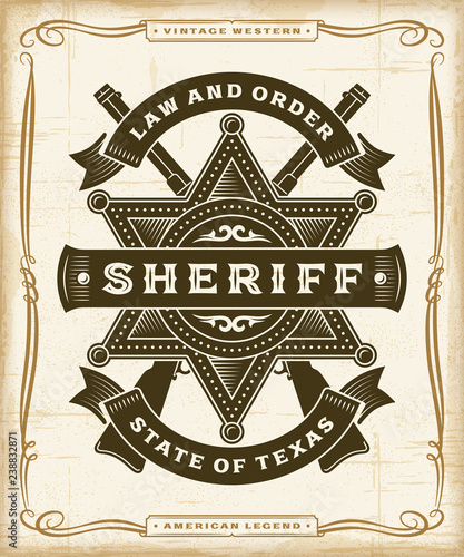 Vintage Western Sheriff Label Graphics. Editable EPS10 vector illustration in woodcut style.