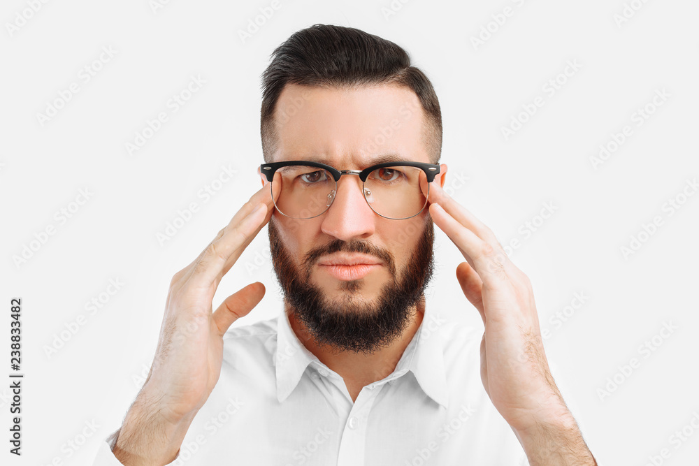 the man thought, on a white background, the man with glasses the man thought, on a white background, the man with glasses