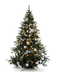 Christmas tree decorated with gold patchwork ornament artificial star hearts presents for new year 2019 isolated on white
