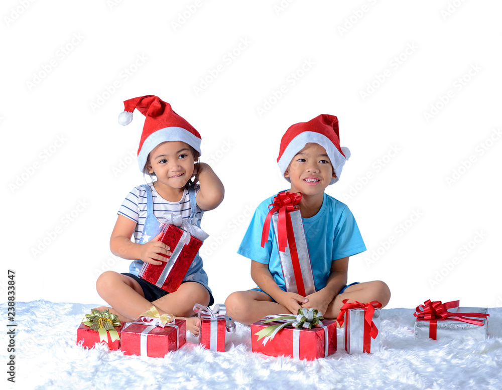 Obraz premium portrait of happy little asian boy and girl with Many gift boxes isolated on white background