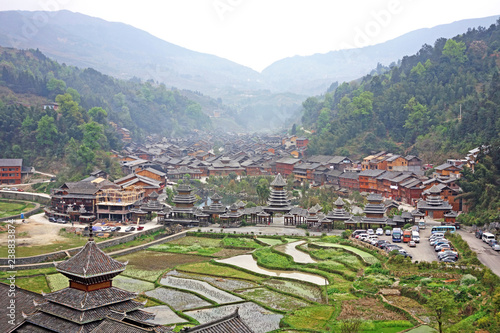 Zhaoxing Dong Zai ancient town in the morning mist, Guizhou province China. Selective and soft focus.