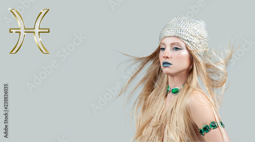 Fototapeta Naklejka Na Ścianę i Meble -  Astrology and horoscope, Pisces Zodiac Sign. Beautiful woman with long hair