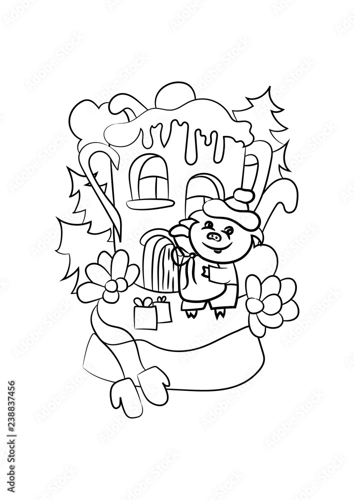 Vector illustration for coloring. Piggy came to the house with gifts