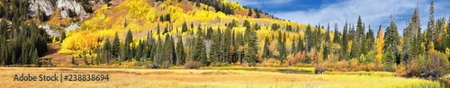 Silver Lake by Solitude and Brighton Ski resort in Big Cottonwood Canyon. Panoramic Views from the hiking and boardwalk trails of the surrounding mountains  aspen and pine trees in brilliant fall autu
