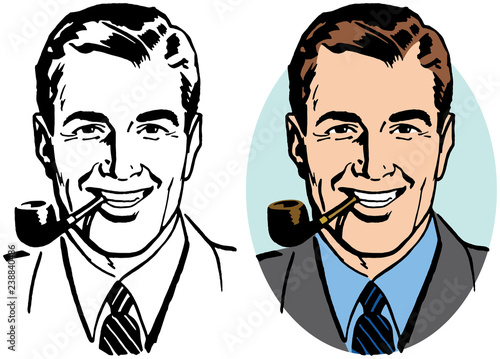 A smiling businessman in a suit smoking a pipe.