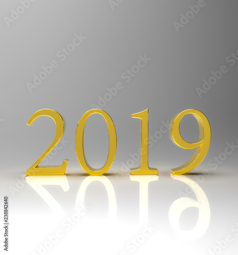 Gold numbers 2019 with reflection and shadows on studio background for greeting cards, calendars, invitations and many uses. Template