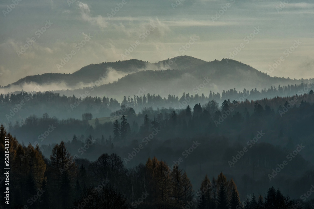 Fototapeta premium Clouds over the forest. Bieszczady Mountains.