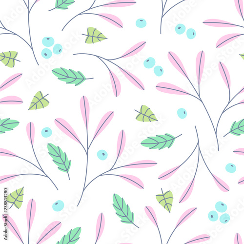 Leaves and berries on white background. Winter seamless pattern. Vector illustration. 