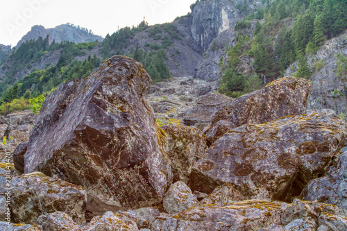 Foto Huge fallen boulders in a rock fall zone in Mt