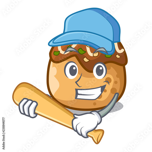 Playing baseball cartoon cooking takoyaki in baked fire