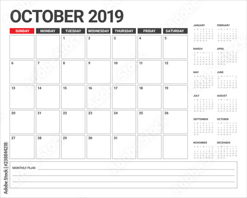 October 2019 monthly calendar vector illustration