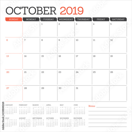 October 2019 monthly calendar vector illustration