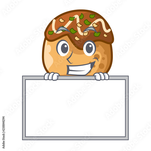 Grinning with board cartoon cooking takoyaki in baked fire