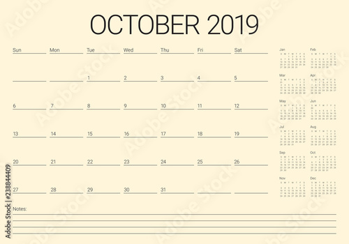 October 2019 monthly calendar vector illustration