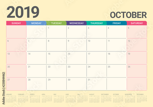 October 2019 monthly calendar vector illustration