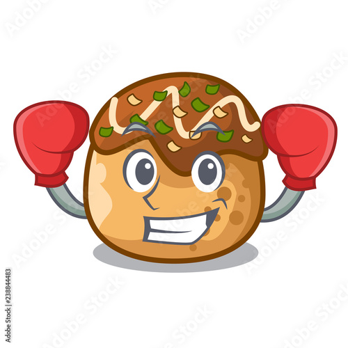Boxing cartoon cooking takoyaki in baked fire