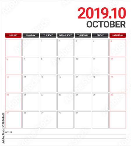 October 2019 monthly calendar vector illustration