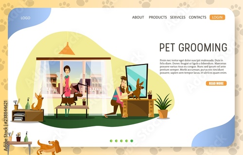 Pet grooming landing page website vector template