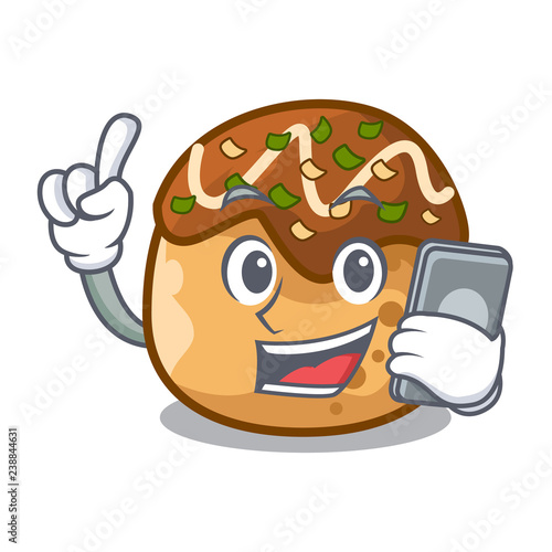 With phone cartoon cooking takoyaki in baked fire