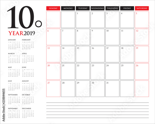 October 2019 monthly calendar vector illustration