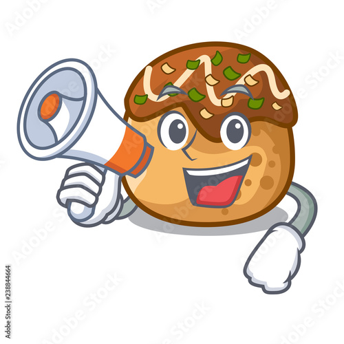 With megaphone cartoon cooking takoyaki in baked fire